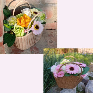 Szappanvirág kosár, halvány barna és barna, színes virágokkal.